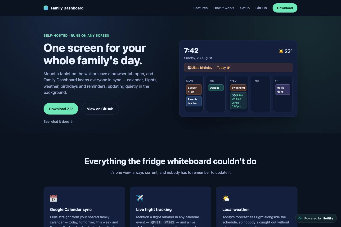 The Family Dashboard site, headed “One screen for your whole family’s day”, beside a preview of the weekly calendar display