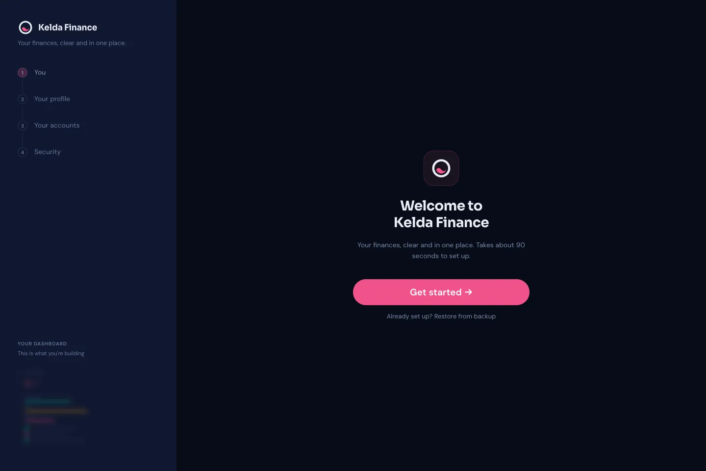 The Kelda Finance welcome screen, with setup steps down the left and a Get started button