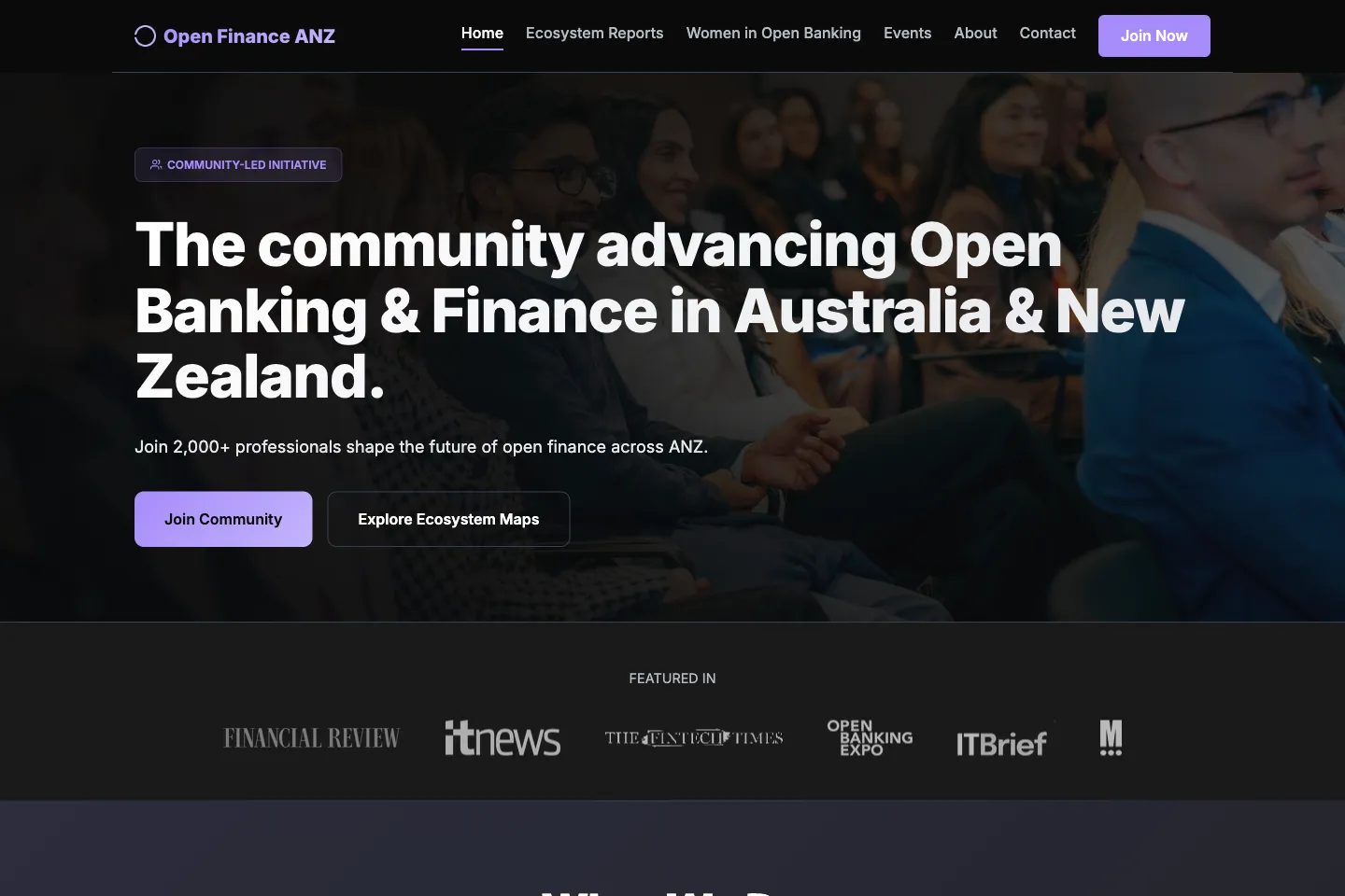The Open Finance ANZ home page, headed “The community advancing Open Banking & Finance in Australia & New Zealand”