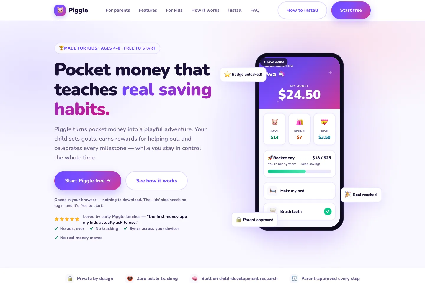 The Piggle home page, headed “Pocket money that teaches real saving habits”, beside a phone showing Save, Spend and Give jars